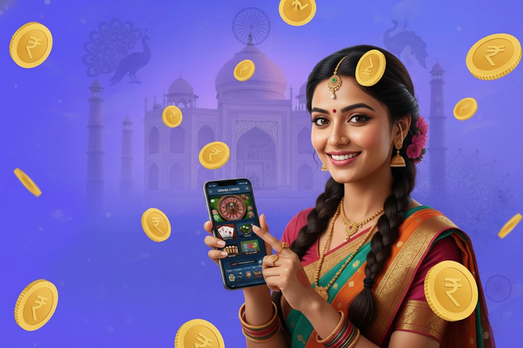A woman in a traditional Indian saree holding a smartphone displaying an online casino app with a roulette wheel and card games. Gold coins with the Indian Rupee symbol float around her, with the Taj Mahal and cultural motifs like a peacock in the purple gradient background.