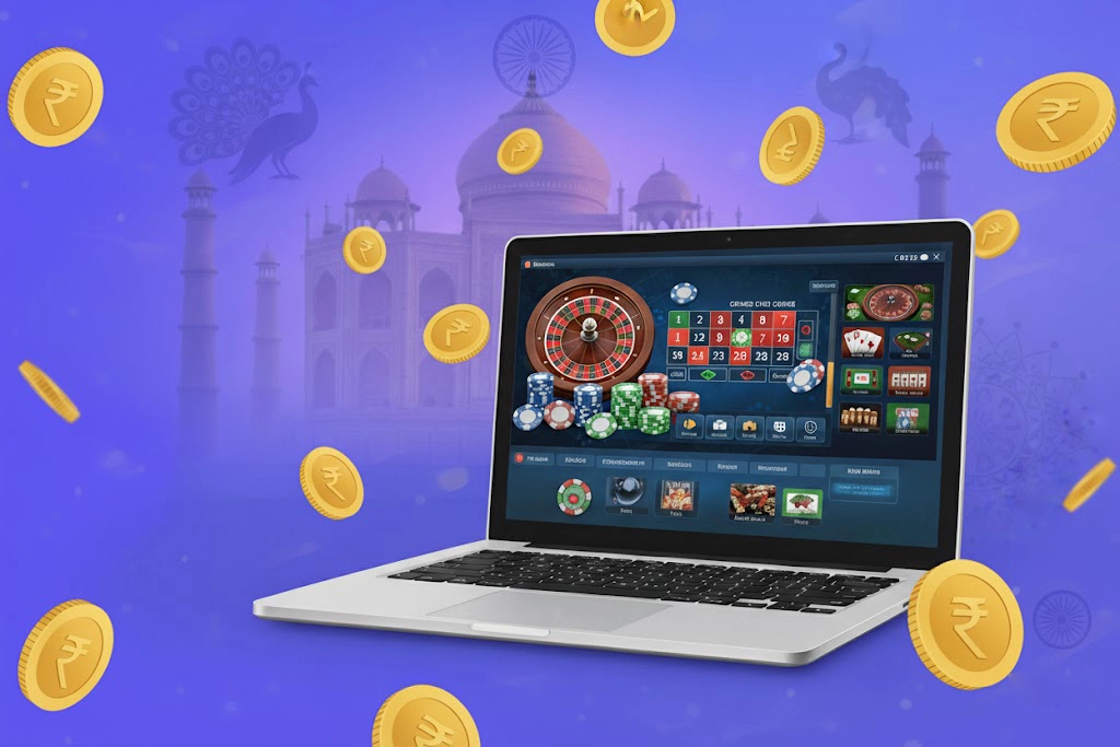 A laptop screen showcasing an online casino interface with a roulette wheel and various game icons, surrounded by floating gold coins with the Indian Rupee symbol. The Taj Mahal and cultural symbols like a peacock and Ashoka Chakra are blurred in the background on a purple gradient.