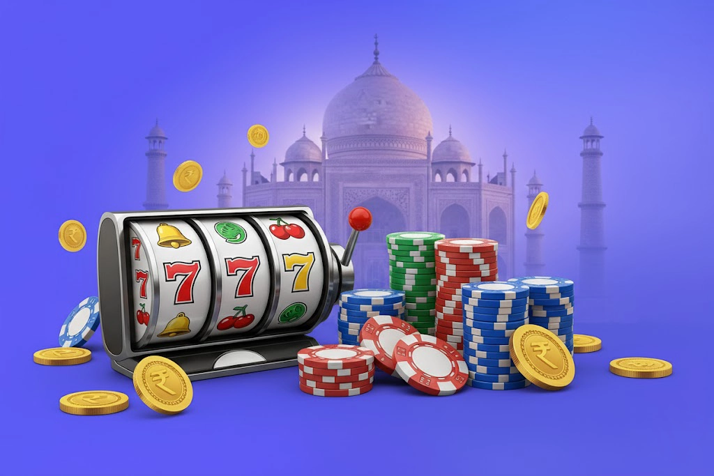 A vibrant casino scene featuring a slot machine displaying three sevens, surrounded by stacks of colorful poker chips and gold coins with the Indian Rupee symbol. In the background, the Taj Mahal is faintly visible against a purple gradient sky.